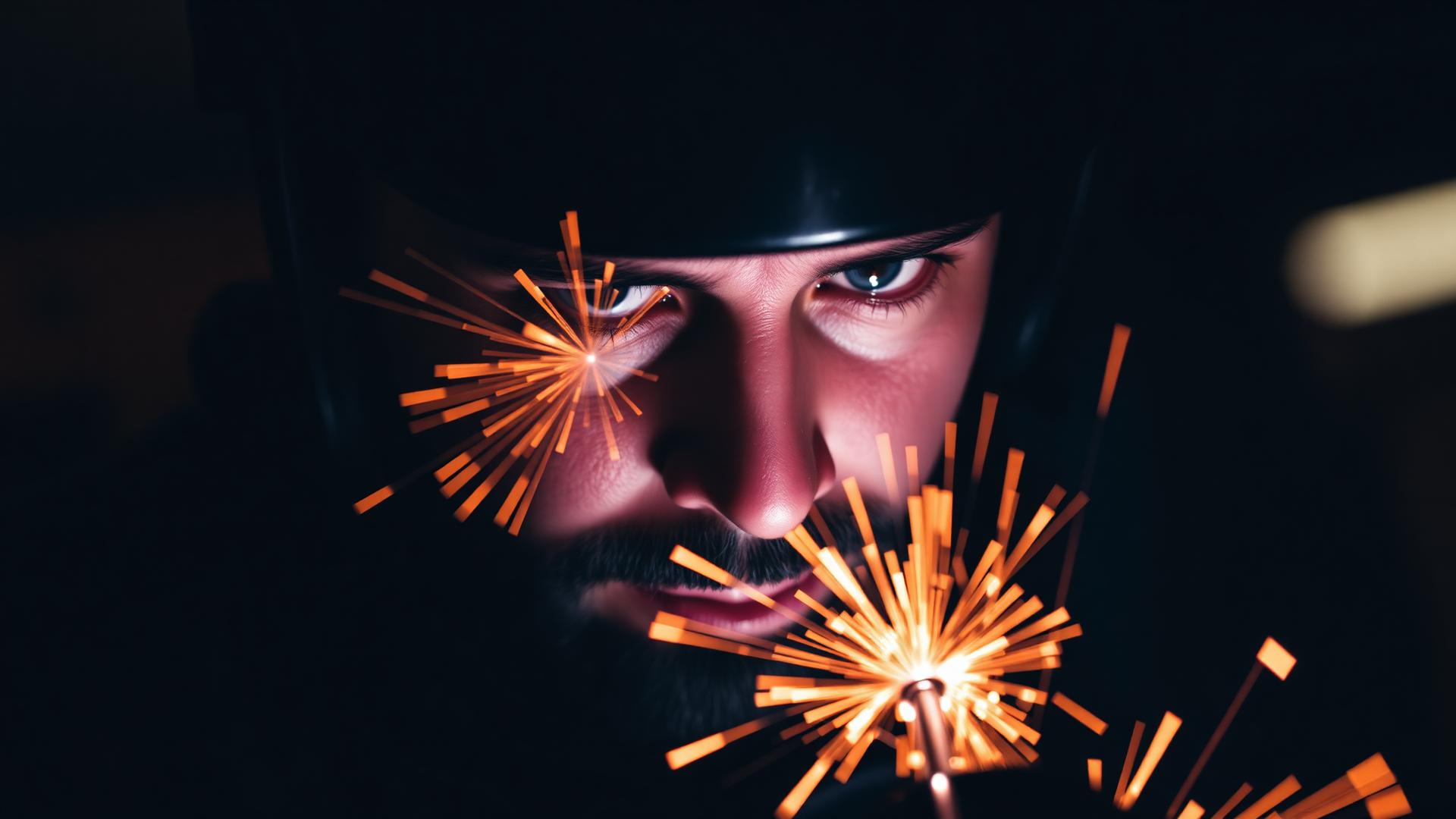 Close-up of welder with sparks flying