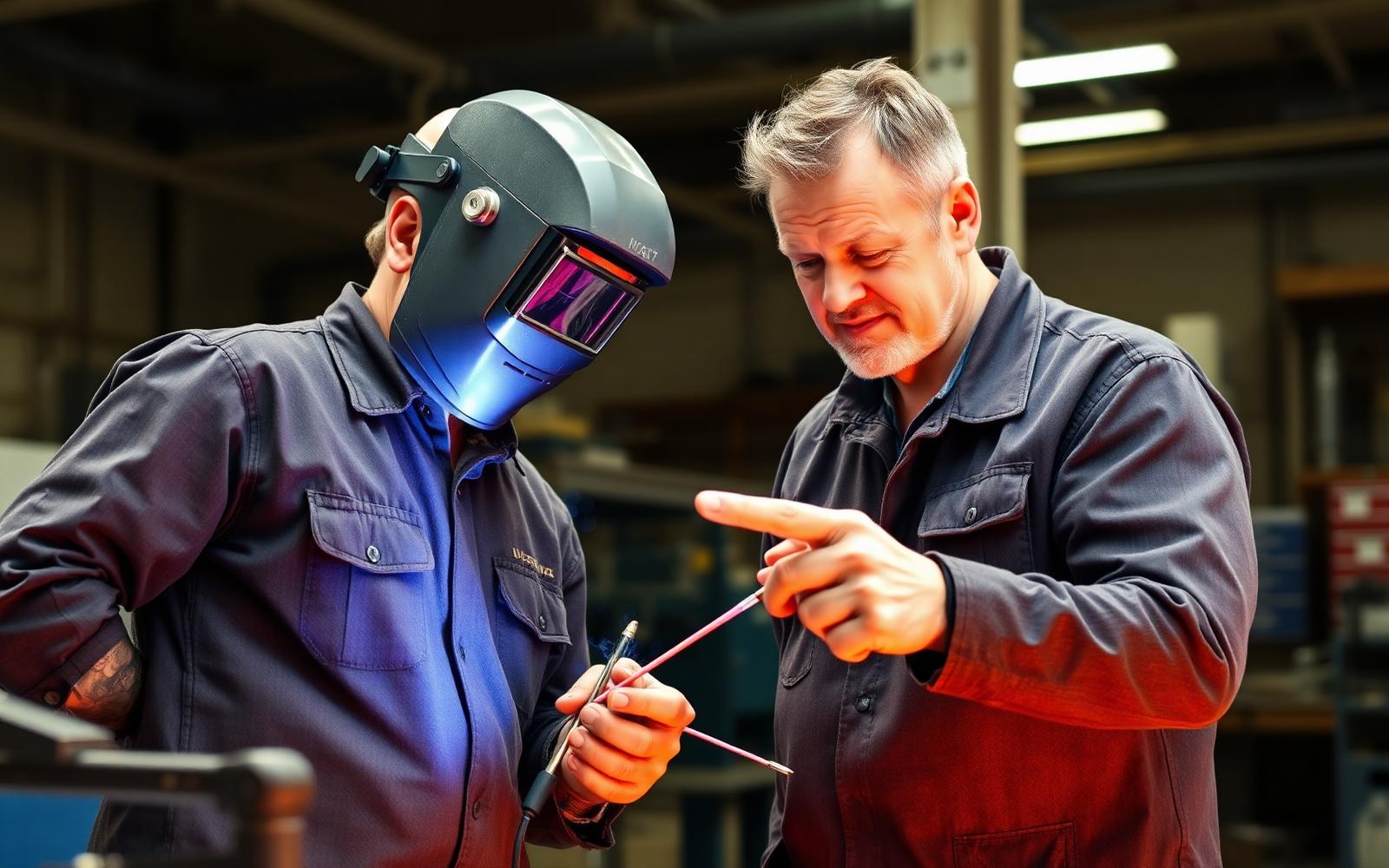 Instructor mentoring an apprentice welder